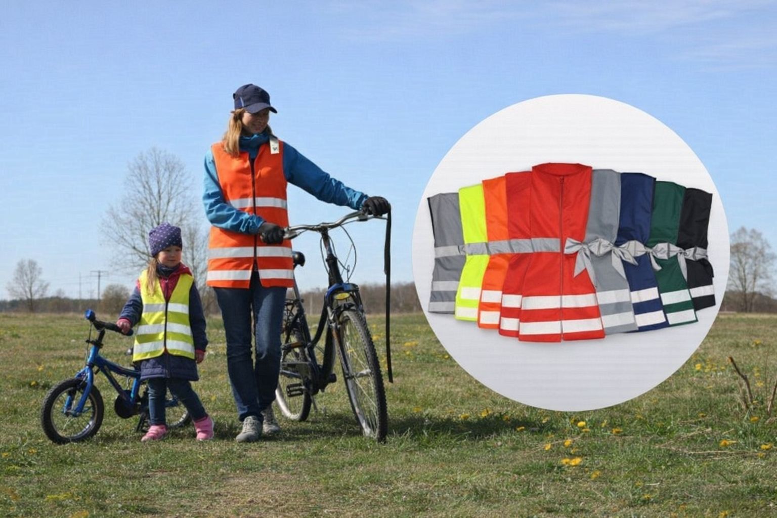 Vuxen och barn med cyklar bär reflexvästar; visning av fler färgval.
